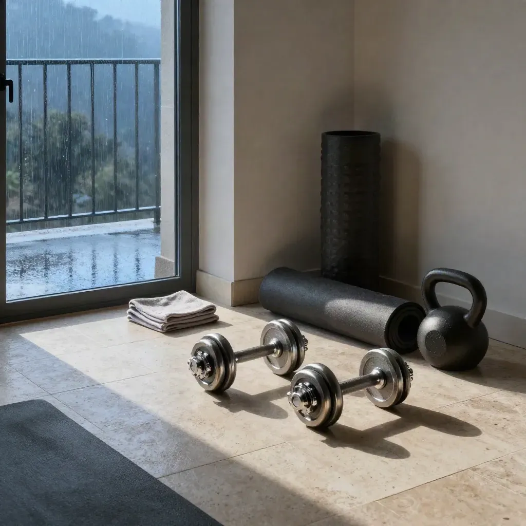 Angolo home fitness in appartamento italiano con manubri, tappetino, kettlebell e luce mattutina.