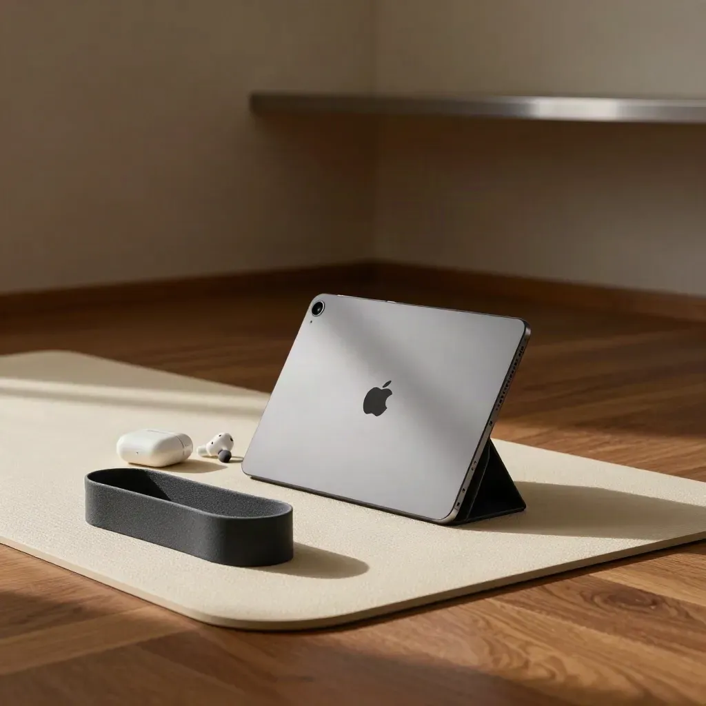 Tablet, cuffie e tappetino yoga in una stanza ordinata e luminosa