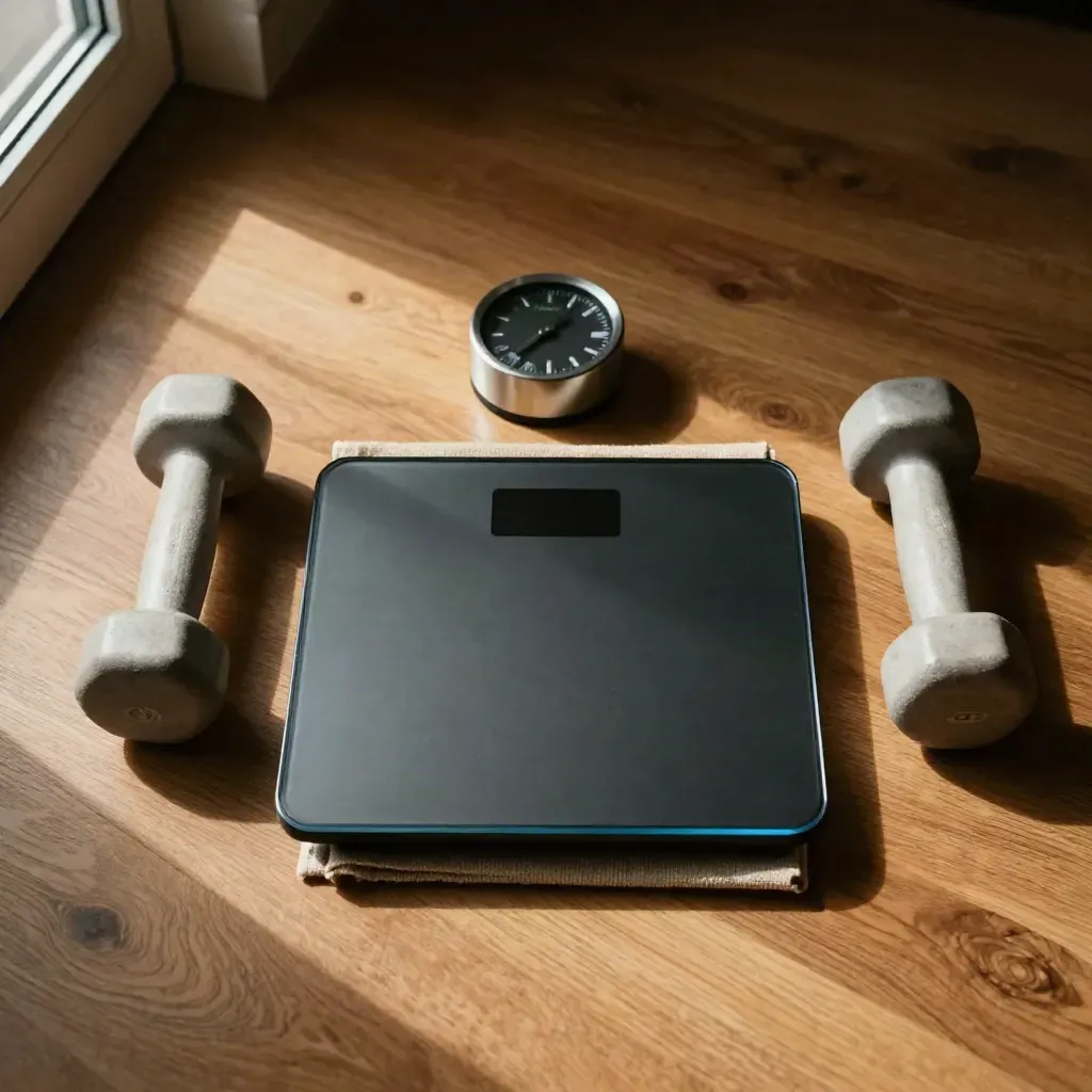 Dall’alto, bilancia smart, tappetino, timer e manubri per il test fitness iniziale.