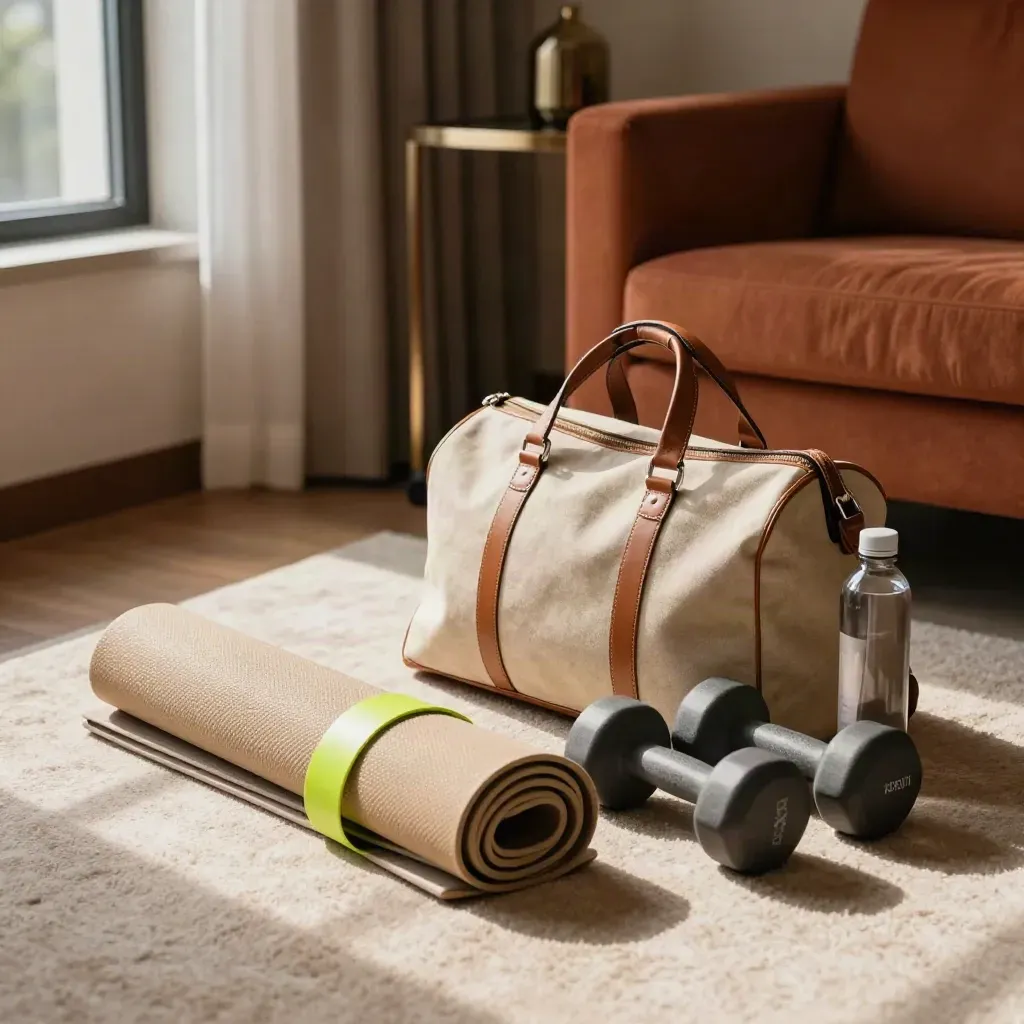Kit fitness da hotel con tappetino, elastici, manubri e borraccia accanto a una borsa da viaggio.