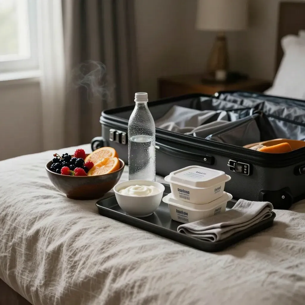 Colazione pronta in hotel con frutta, yogurt, acqua e meal box accanto a una valigia.