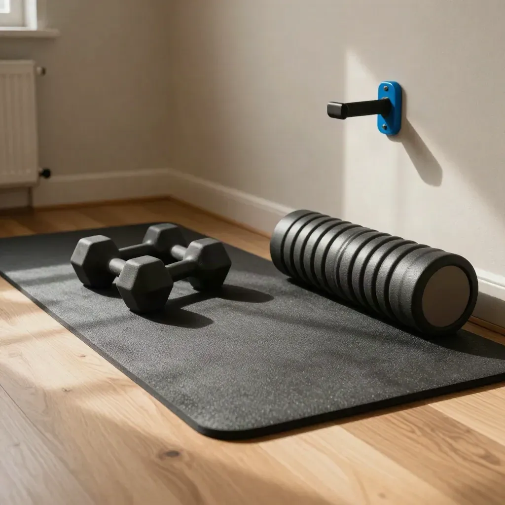 Nook fitness in casa con manubri, tappetino, fascia e foam roller alla luce del sole.