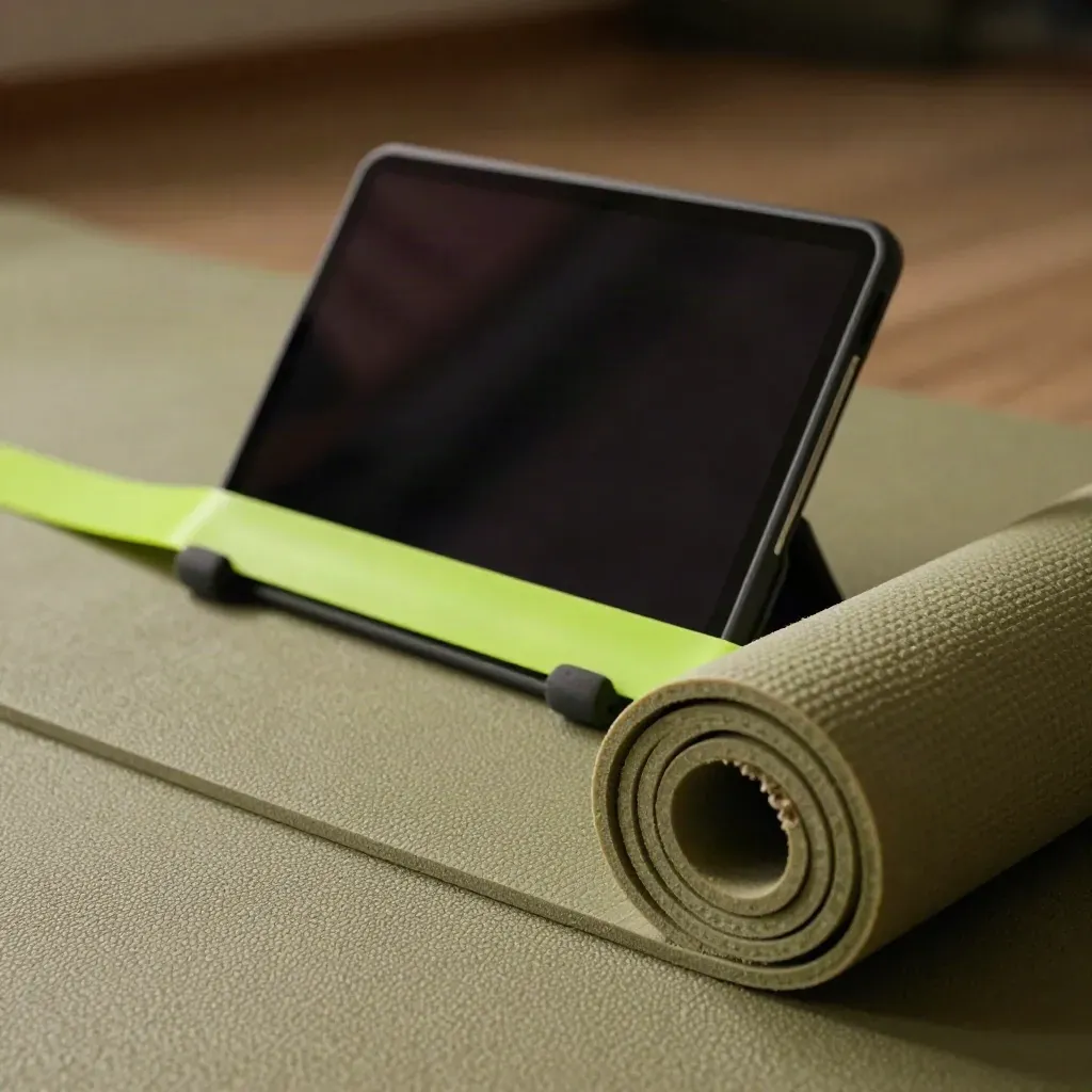 Supporto tablet, elastico fitness e tappetino arrotolato in una scena di allenamento domestico