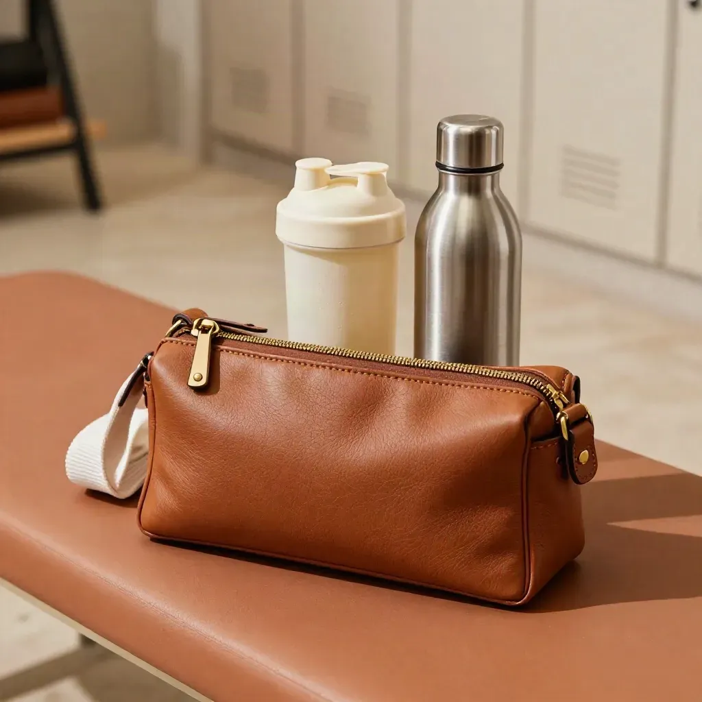 Kit fitness compatto con borsa in pelle, miniband, shaker e borraccia su banco caldo.