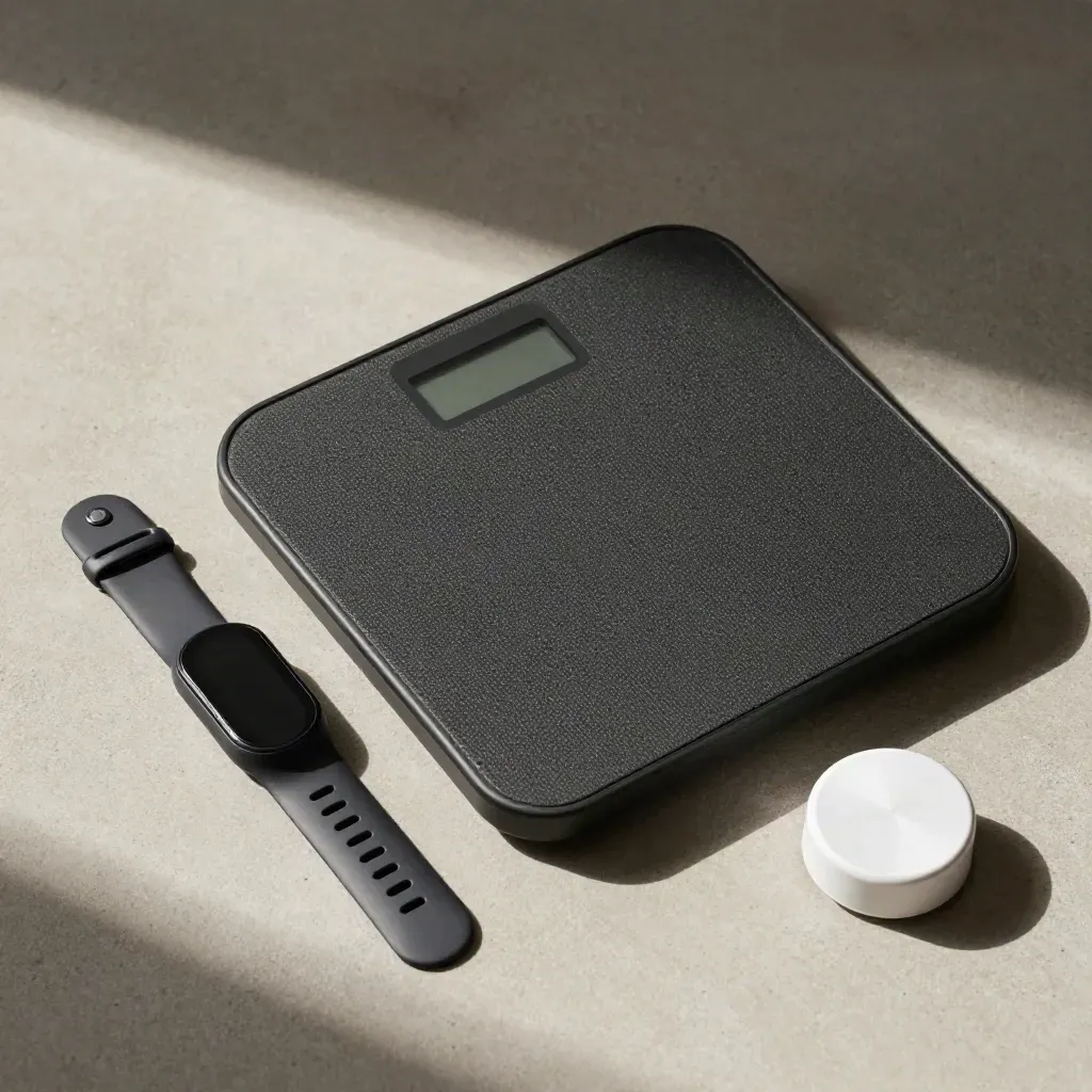 Flatlay con bilancia smart, fascia cardio, balance pad e timer per valutazione iniziale.