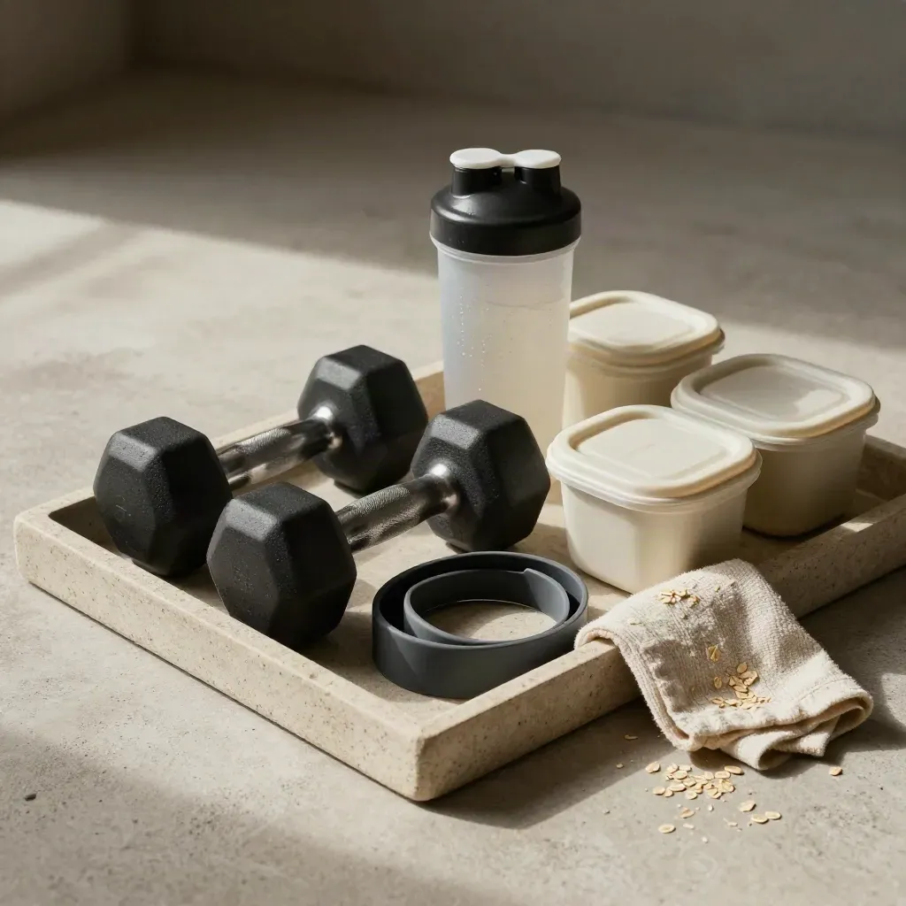 Tray con manubri, elastici, shaker e contenitori meal prep su pietra neutra.