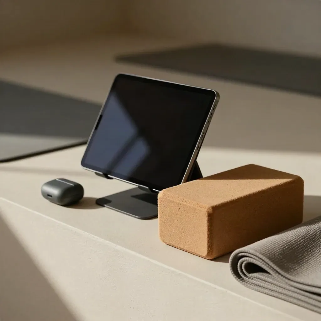 Supporto tablet, auricolari, blocco yoga e tappetino in una scena video di allenamento.