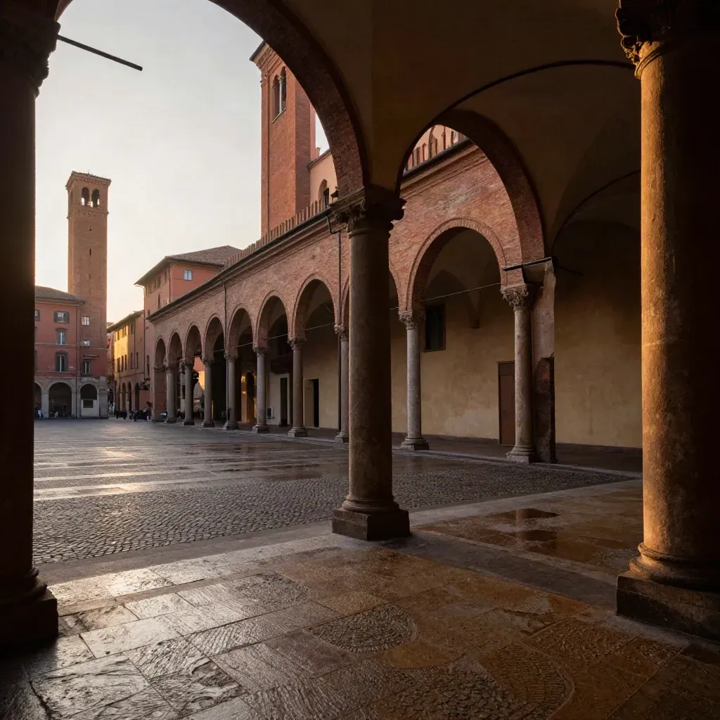 Piazza di Bologna al tramonto con portici in mattoni e torri lontane nella foschia dorata.